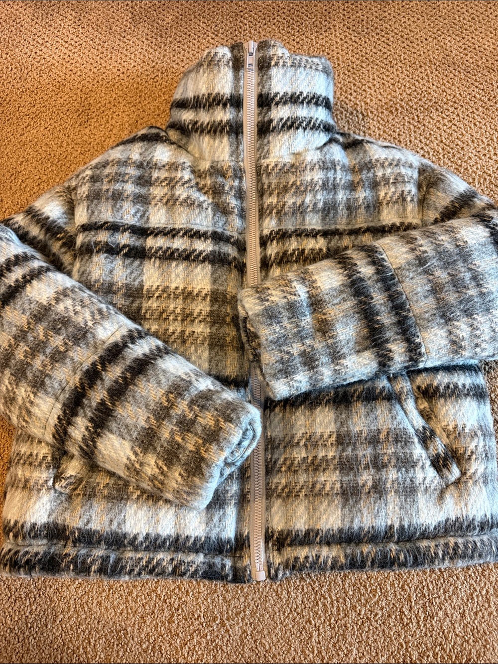 Apparis Blue & Black Plaid Puffer Jacket Faux Fur Lined Size XS